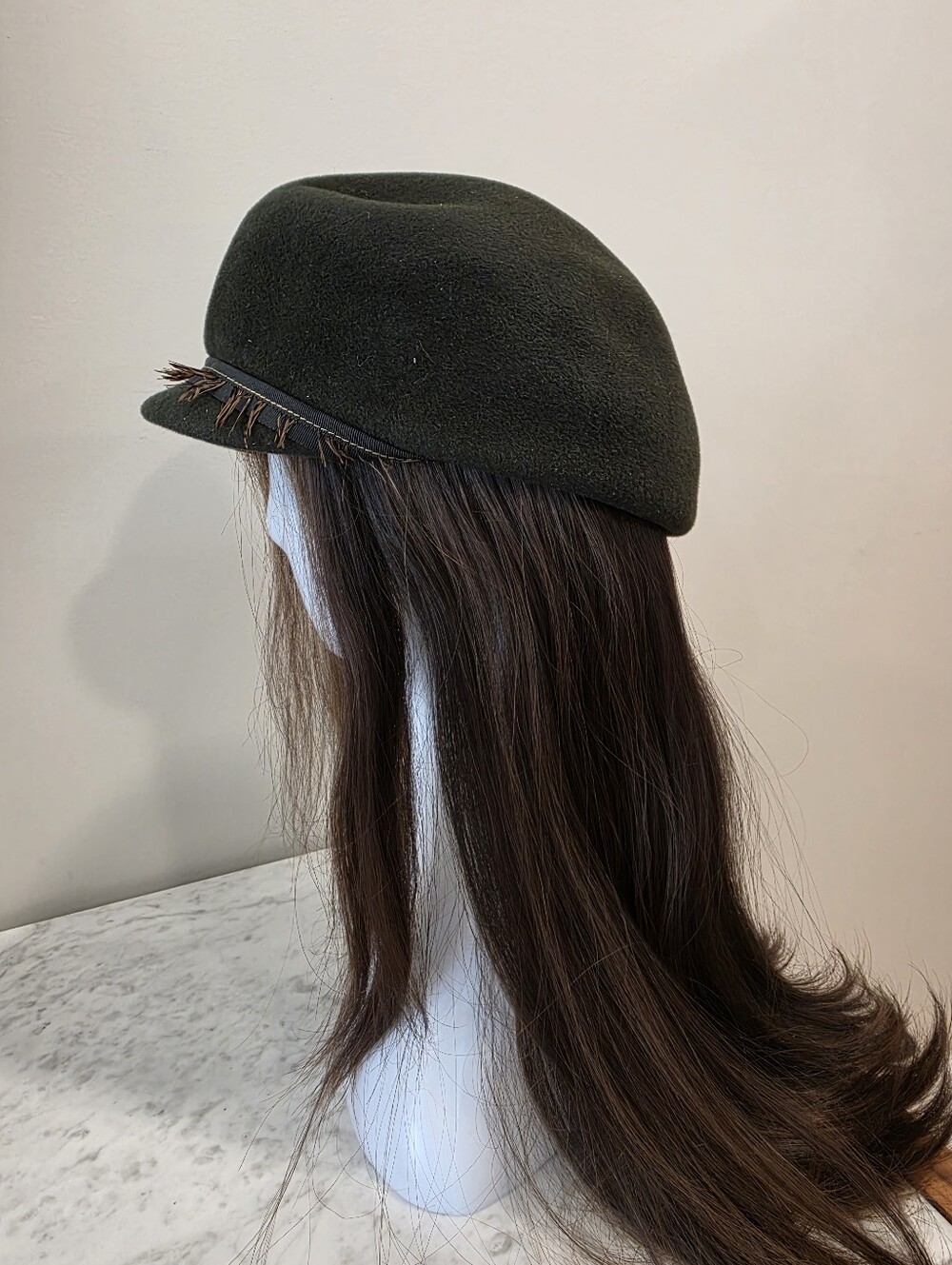 Lola Hats Green Felt Cap Hat With Feather Detail On Brim